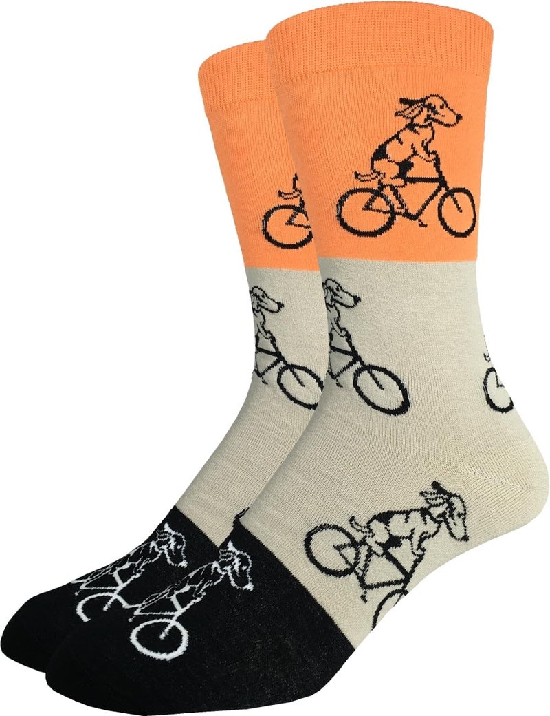 Good Luck Sock Men's Orange Dogs Riding Bikes Crew Socks, Shoe size 7-12, Orange/Grey - Image 1